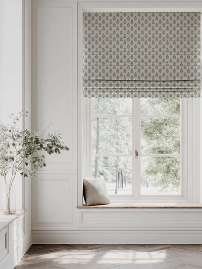 Green Floral Linen Roman Blind - Doris Khaki - Natural base fabric.