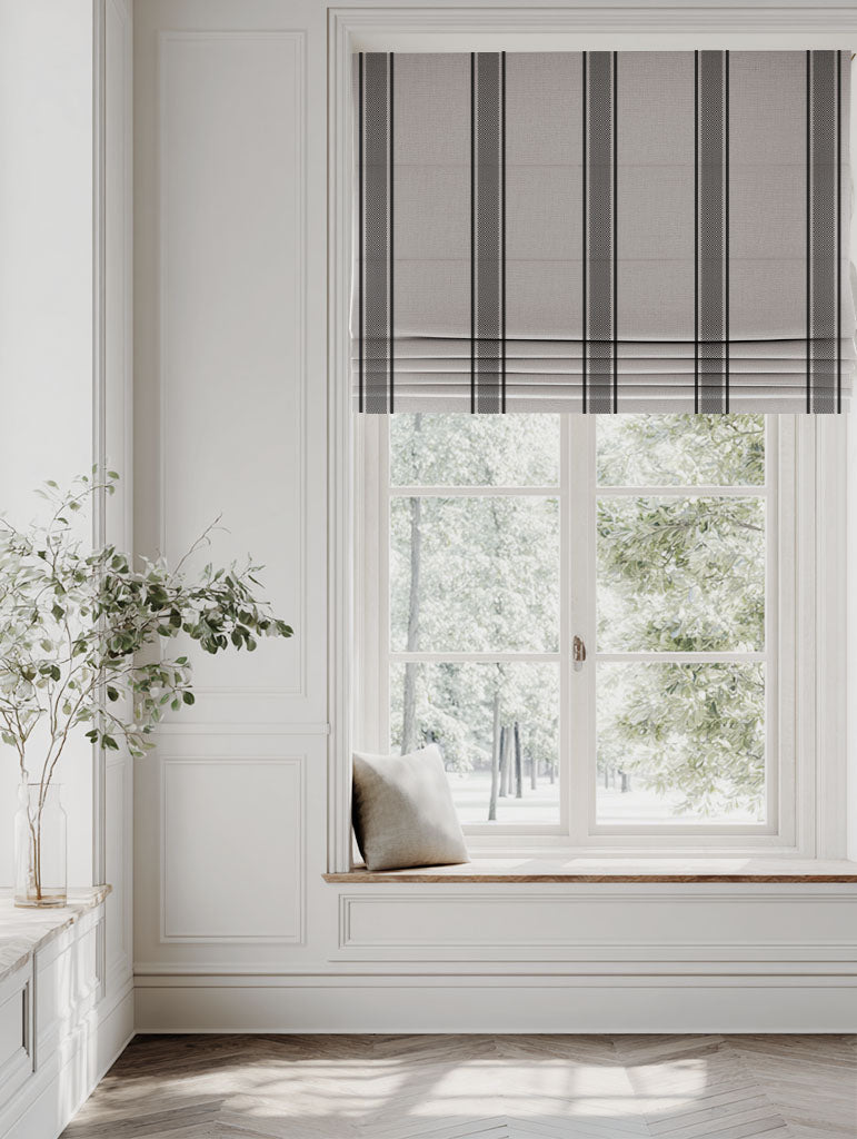 Black Striped Linen Roman blind - Bella Black - Natural base fabric.