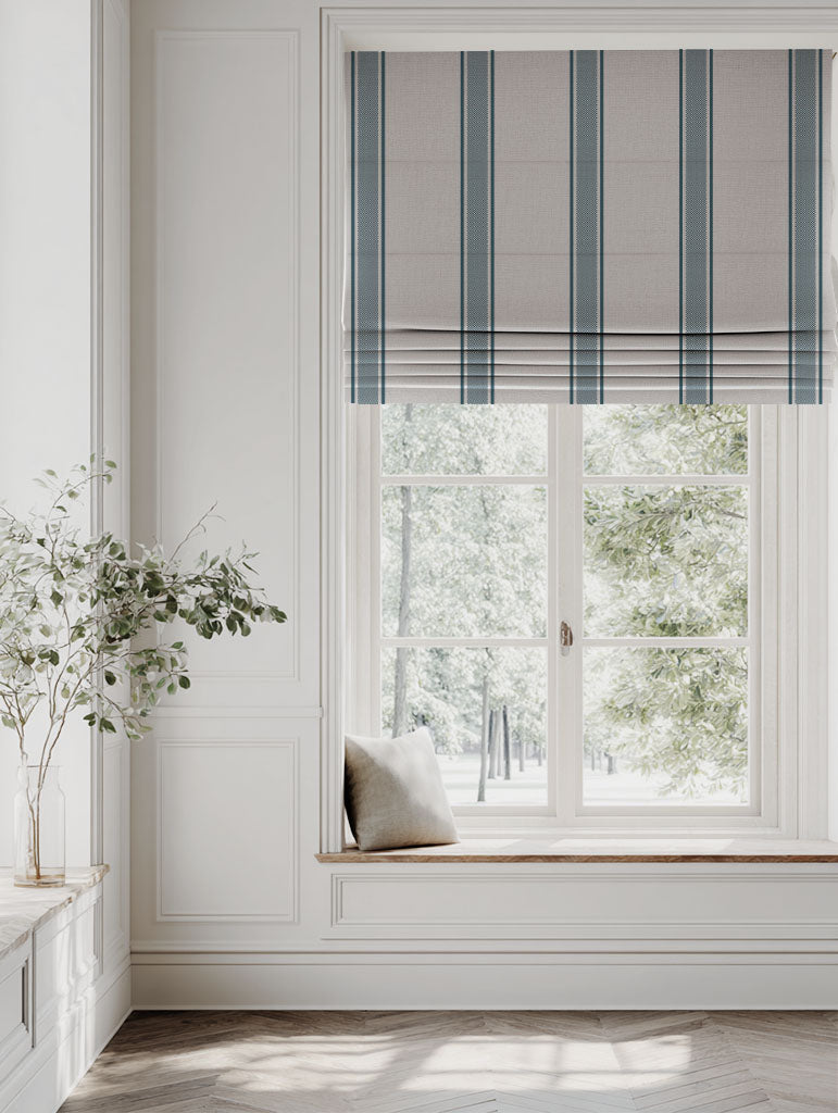Blue Striped Linen Roman blind - Bella Blue Stone - Natural base fabric.