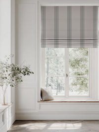 Grey Striped Linen Roman blind - Bella Greige - Natural base fabric.