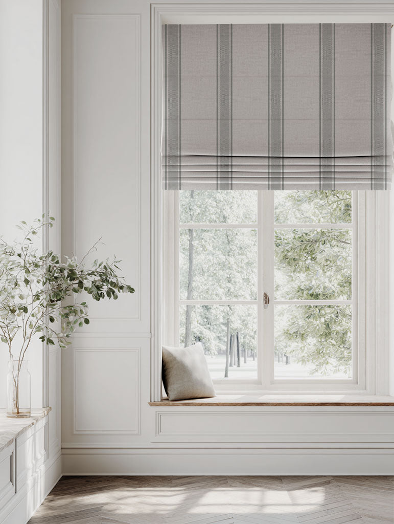 Grey Striped Linen Roman blind - Bella Greige - Natural base fabric.