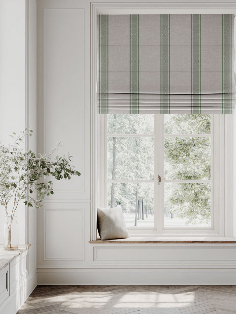 Green Striped Linen Roman blind - Bella Jade Mist - Natural base fabric.