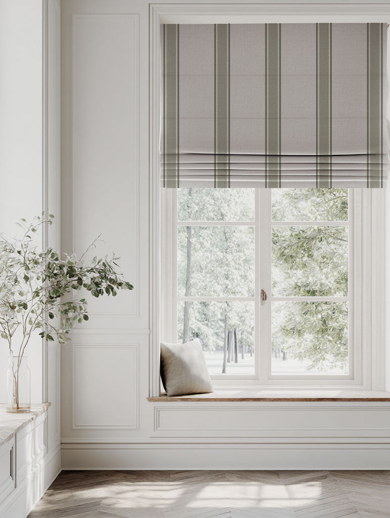 Green Striped Linen Roman blind - Bella Moss - Natural base fabric.