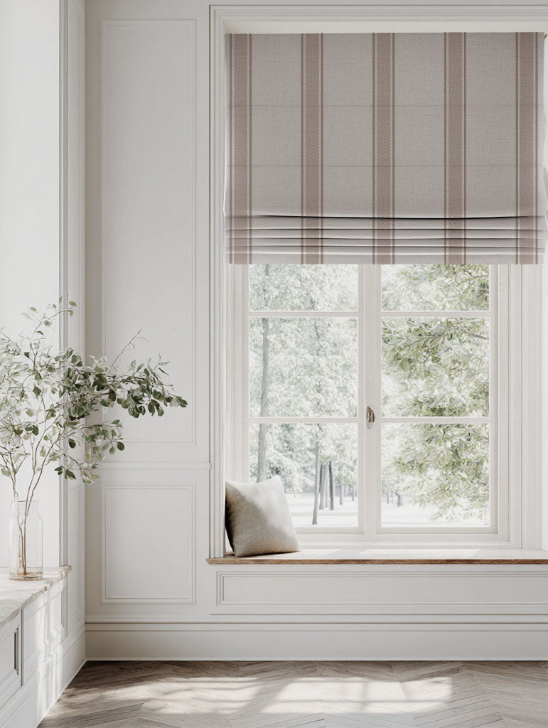Pink Striped Linen Roman blind - Bella New Blush - Natural base fabric.