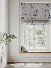 Blue Botanical Linen Roman blind - Berry Night Blue - Natural base fabric.