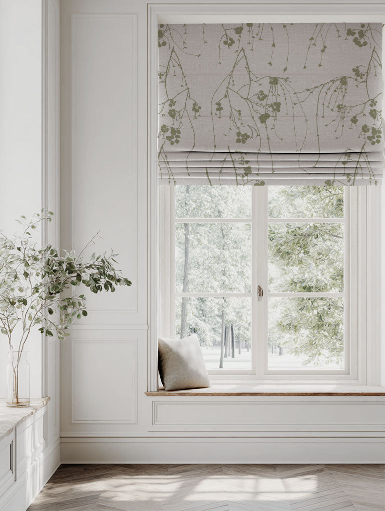 Green Botanical Linen Roman blind - Berry Olive - Natural base fabric.