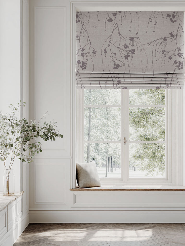 Purple Botanical Linen Roman blind - Berry Powder Plum - Natural base fabric.