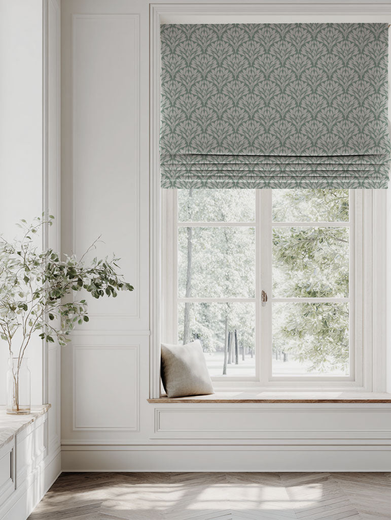 Green Botanical Linen Roman blind - Birna Jade Mist - Natural base fabric.