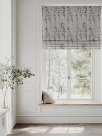 Blue Botanical Linen Roman blind - Breeze Denim - Natural base fabric.