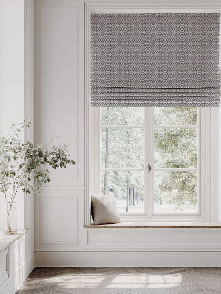Grey Patterned Linen Roman blind - Brita Ash - Natural base fabric.