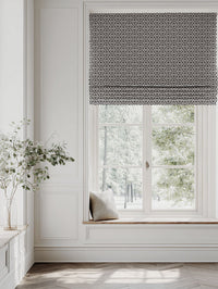 Black Patterned Linen Roman blind - Brita Black - Natural base fabric.