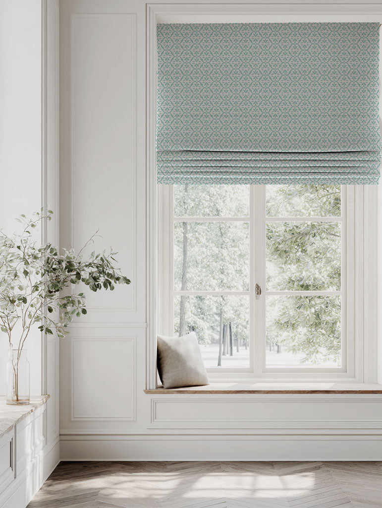 Blue Patterned Roman blind - Brita Duck Egg - Natural base fabric.
