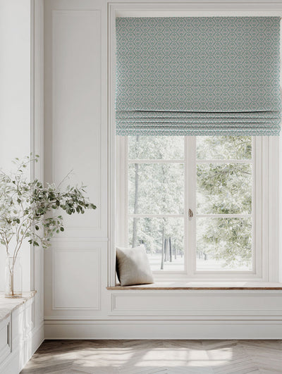 Blue Patterned Roman blind - Brita Duck Egg - Natural base fabric.