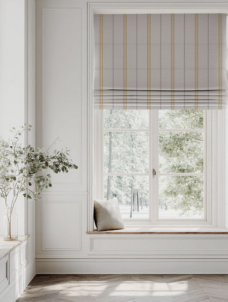 Grey / Yellow Striped Linen Roman blind - Elise Mustard - Natural base fabric.