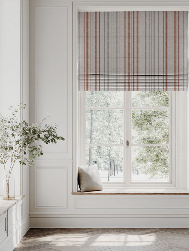Orange Striped Linen Roman blind - Else Terracotta - Natural base fabric.