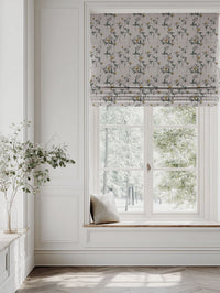 Yellow Floral Linen Roman blind - Esther Mustard - Natural base fabric.