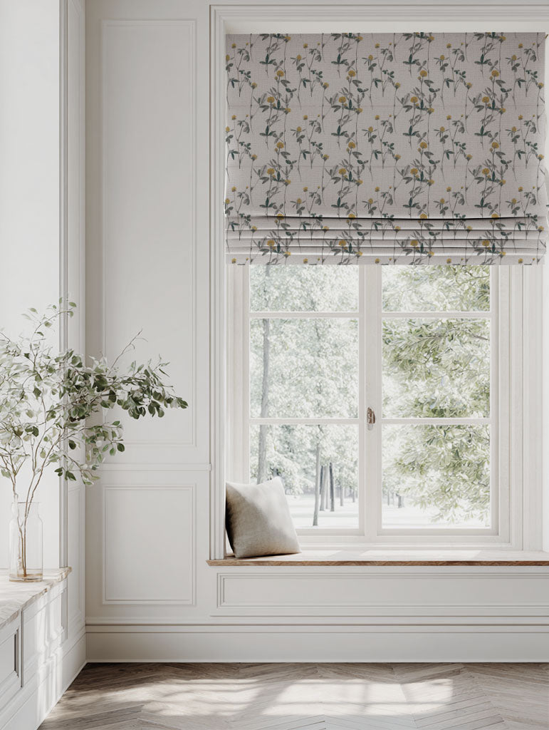 Yellow Floral Linen Roman blind - Esther Mustard - Natural base fabric.