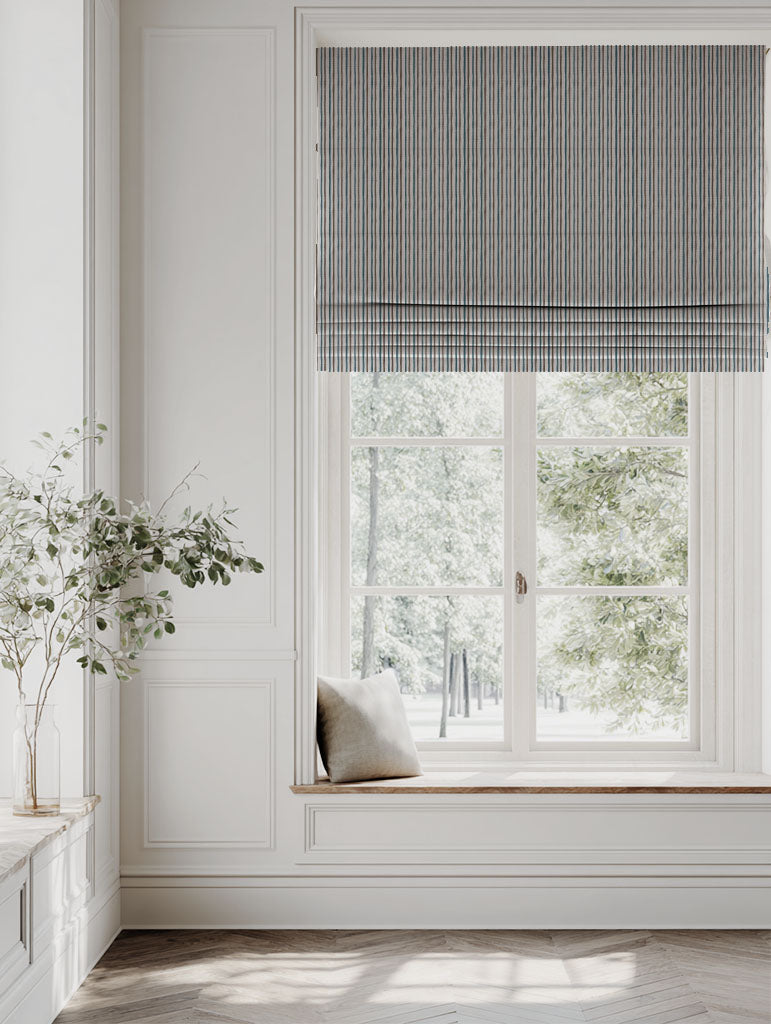 Blue / Brown Striped Linen Roman blind - Evelina Blue Stone - Natural base fabric.