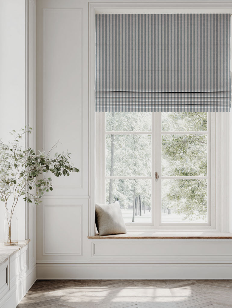 Blue Striped Linen Roman blind - Evianne Blue Stone - Natural base fabric.
