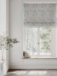 Blue Patterned Roman blind - Feathers Duckegg - Natural base fabric.