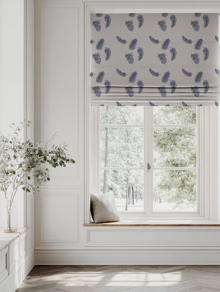 Blue Patterned Linen Roman blind - Feathers Night Blue - Natural base fabric.