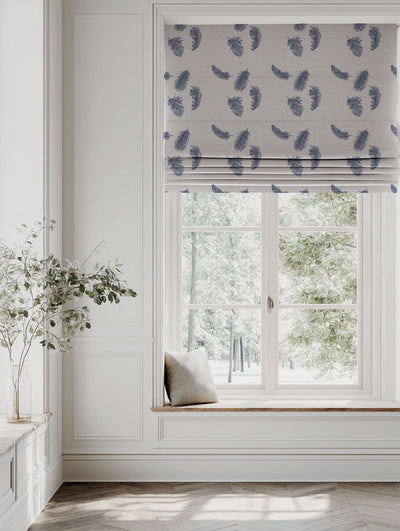 Blue Patterned Linen Roman blind - Feathers Night Blue - Natural base fabric.