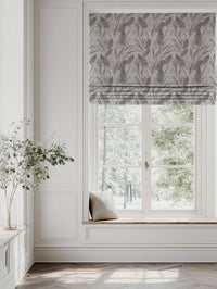 Grey Botanical Linen Roman blind - Fernia Charcoal - Natural base fabric.