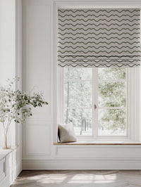 Green Patterned Linen Roman blind - Fiorella Moss - Natural base fabric.