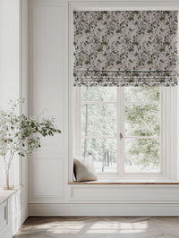 Green Floral Linen Roman blind - FlowerBliss Olive - Natural base fabric.