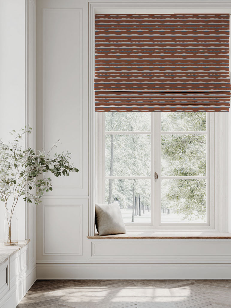 Orange Patterned Linen Roman blind - Fransibella Terracotta-NAT - Natural base fabric.