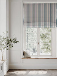 Blue Striped Linen Roman blind - Freja Blue Stone - Natural base fabric.