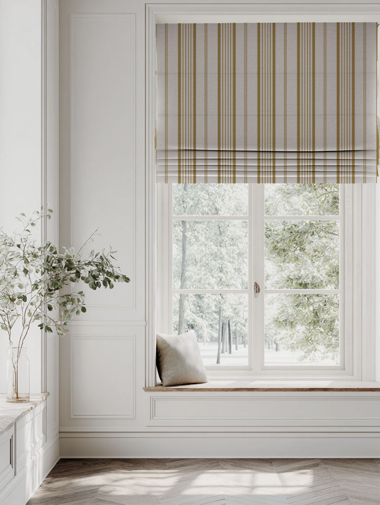 Yellow Striped Linen Roman blind - Freja Gold Rod - Natural base fabric.