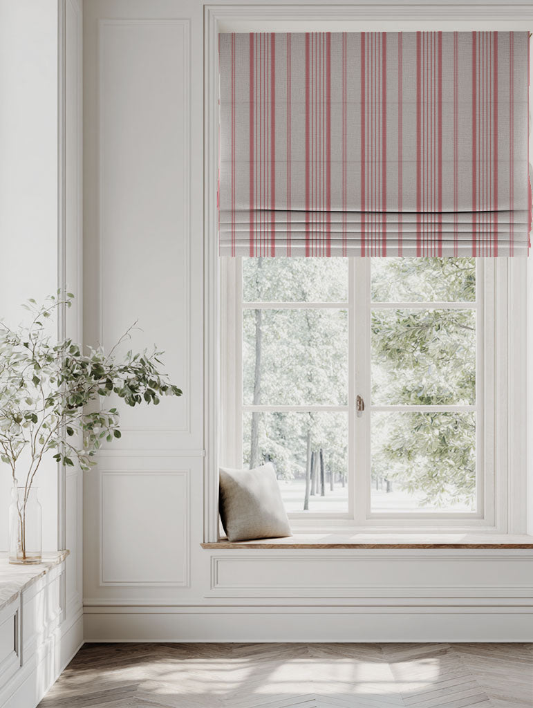 Pink Striped Linen Roman blind - Freja Sweetpea - Natural base fabric.