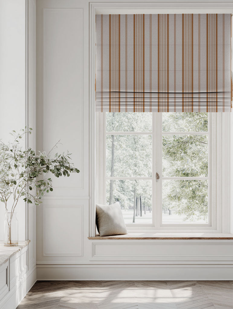 Orange Striped Linen Roman blind - Freja Tangerine - Natural base fabric.