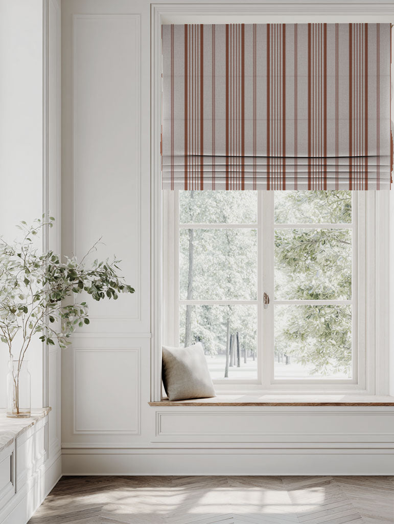 Orange Striped Linen Roman blind - Freja Terracotta - Natural base fabric.