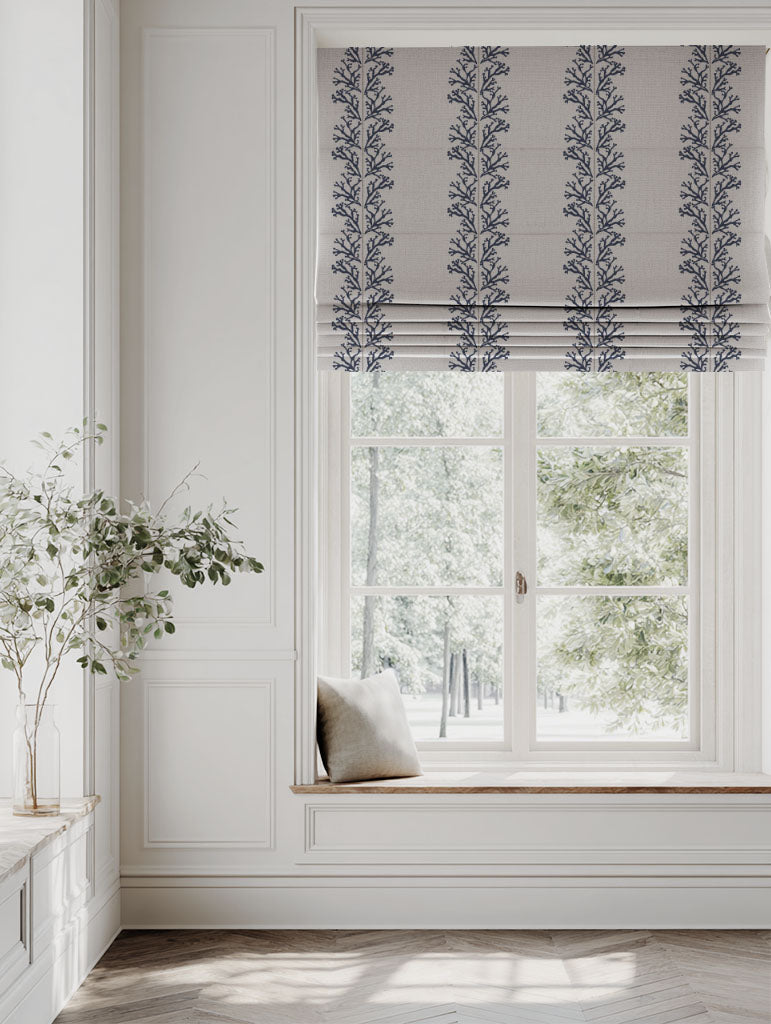 Blue Patterned Linen Roman blind - Hensley Deep Blue - Natural base fabric.