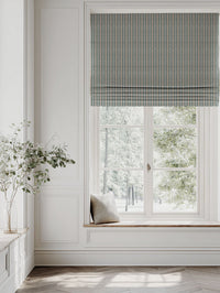 Green / Orange Patterned Linen Roman blind - Hulda Sage Ochre - Natural base fabric.