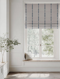 Blue Patterned Linen Roman blind - Irina Denim - Natural base fabric.
