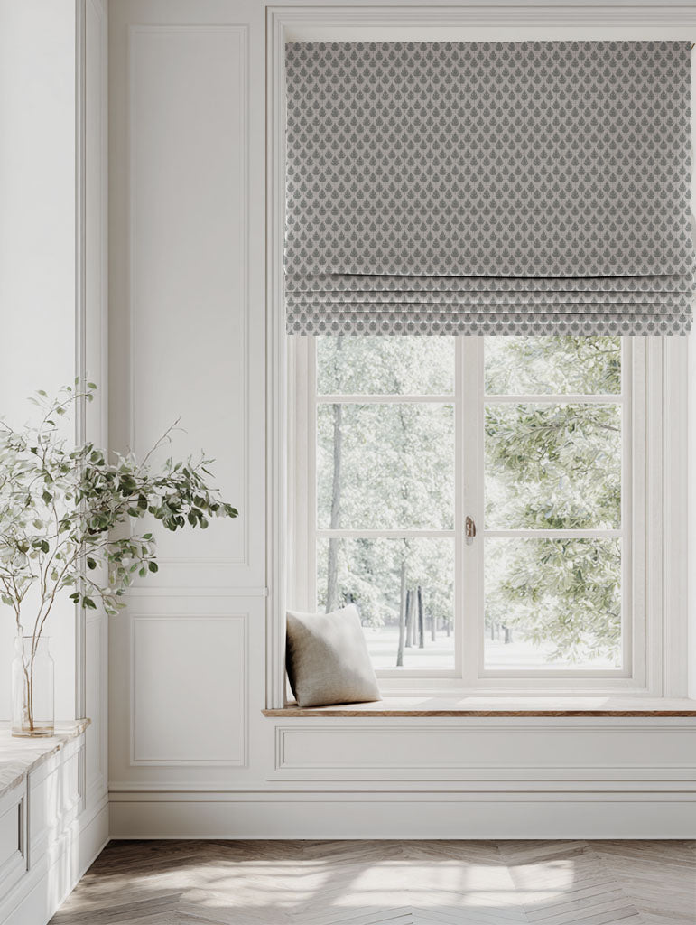Grey Botanical Linen Roman blind - Kira-Nat Greige - Natural base fabric.