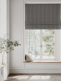 Black Patterned Linen Roman blind - Ksenia Noir - Natural base fabric.