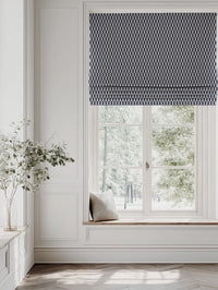Blue Patterned Linen Roman blind - Lana Deep Blue - Natural base fabric.