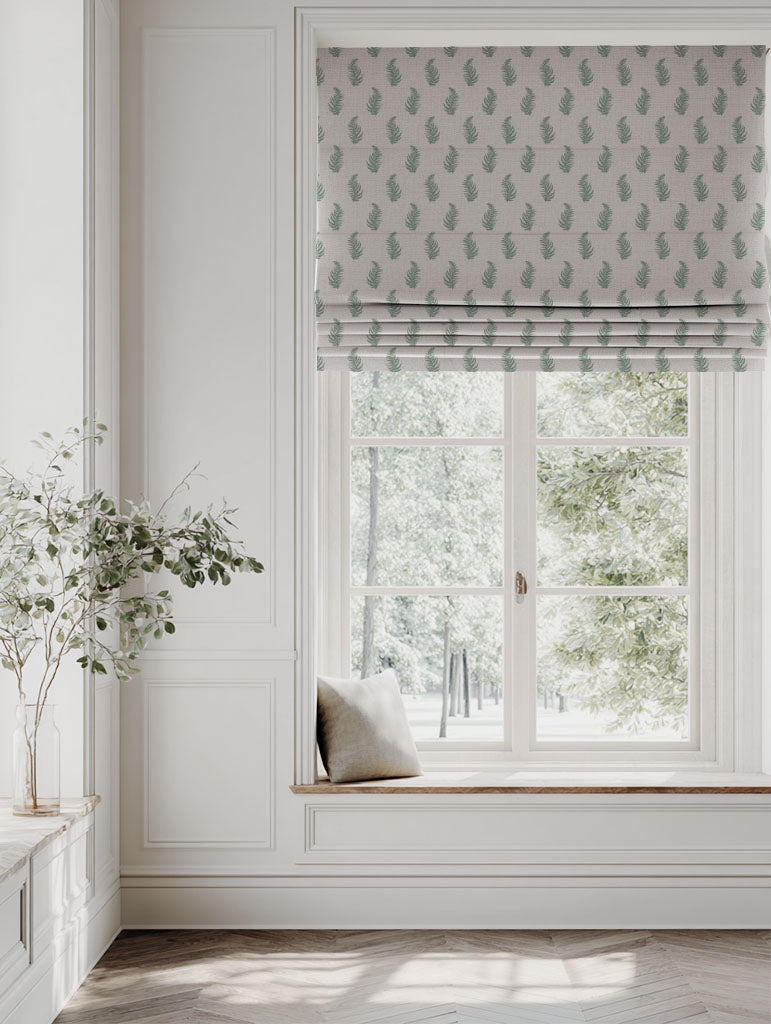 Green Botanical Linen Roman blind - Lena Jade Mist - Natural base fabric.