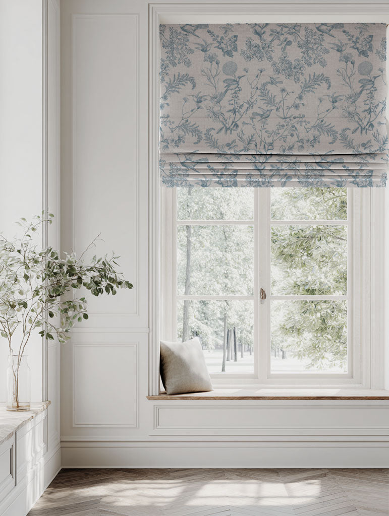 Blue Floral Linen Roman blind - Marianne-INV True Blue - Natural base fabric.