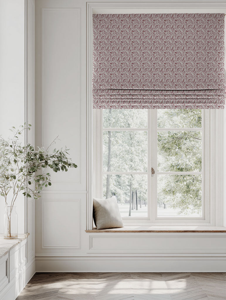 Red / Pink Floral Linen Roman blind - Miny Pink Wine-INV - Natural base fabric.