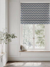 Blue Patterned Linen Roman blind - Ofira Denim - Natural base fabric.