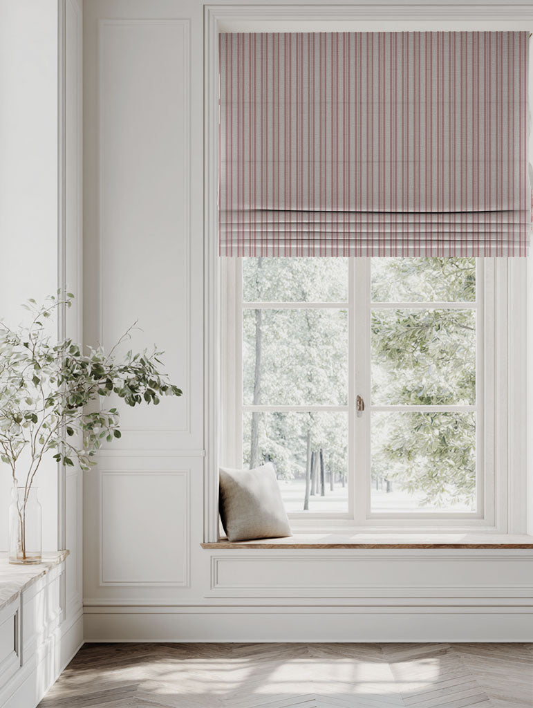 Pink Striped Linen Roman blind - Olga Dusty Pink - Natural base fabric.