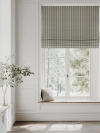 Green Striped Linen Roman blind - Olga Khaki - Natural base fabric.