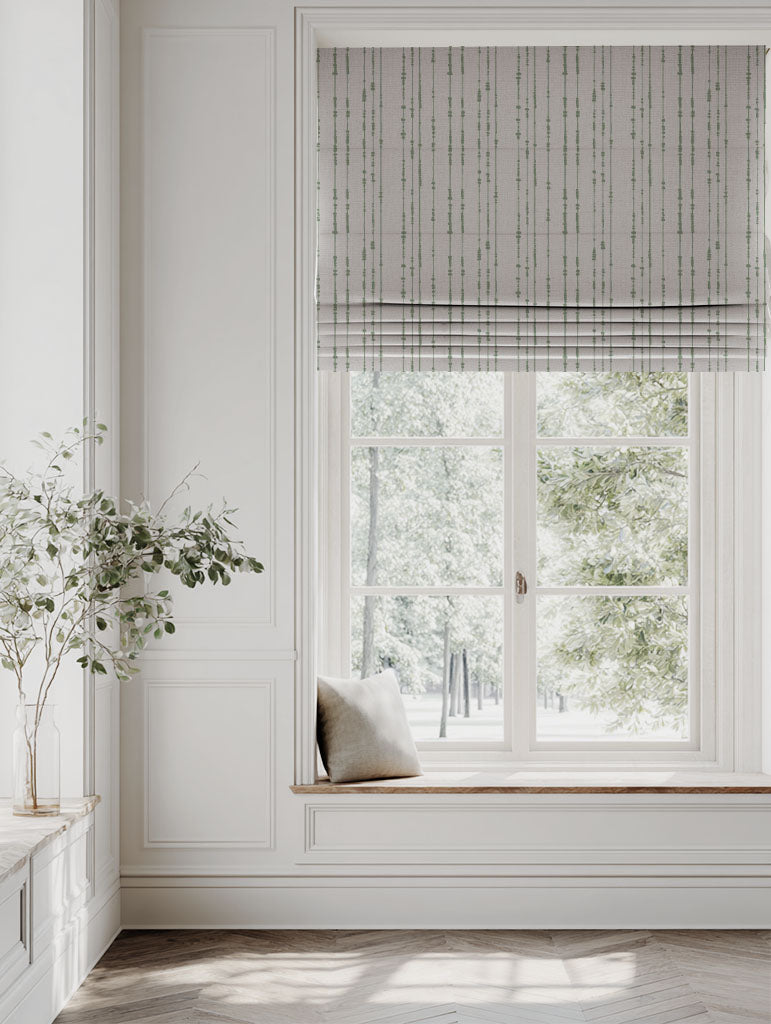 Green Patterned Linen Roman blind - Pearls Jade Mist - Natural base fabric.