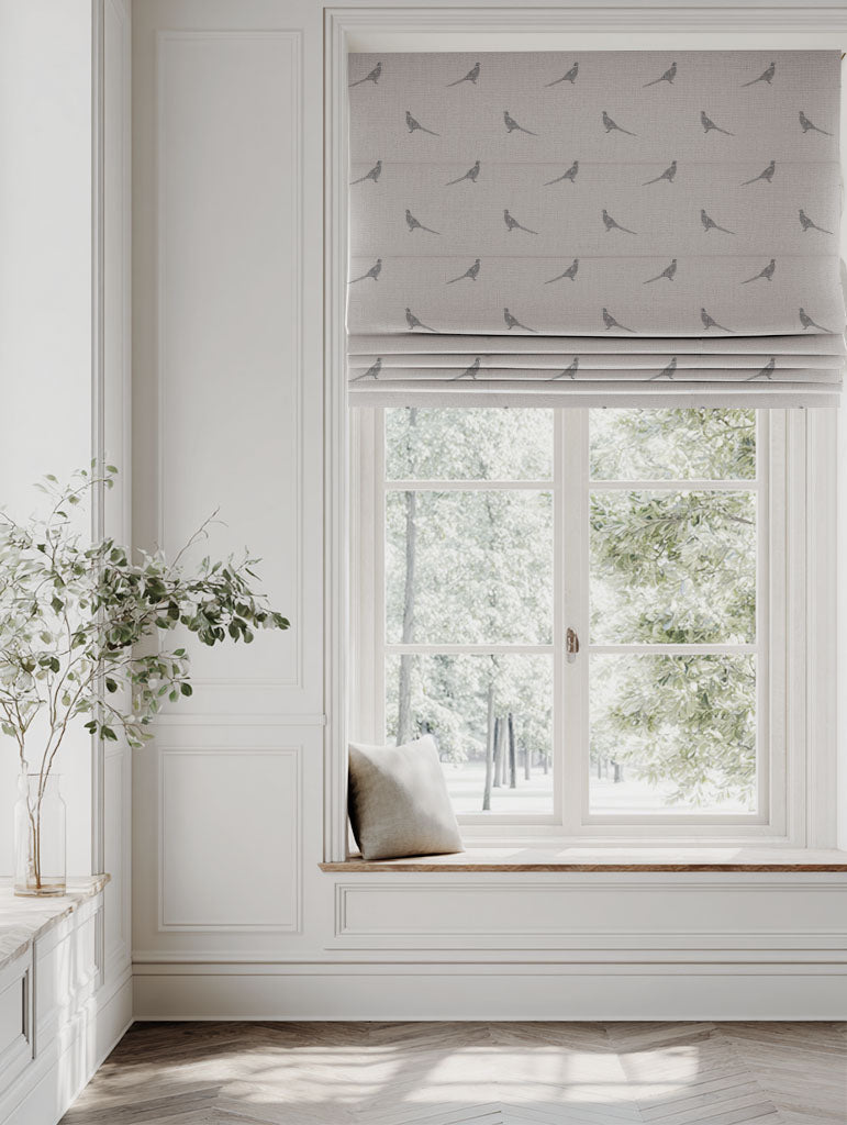 Grey Kids Linen Roman blind - Pheasant Ash - Natural base fabric.