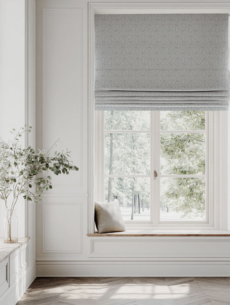 Blue Patterned Roman blind - Pia Marine - Natural base fabric.